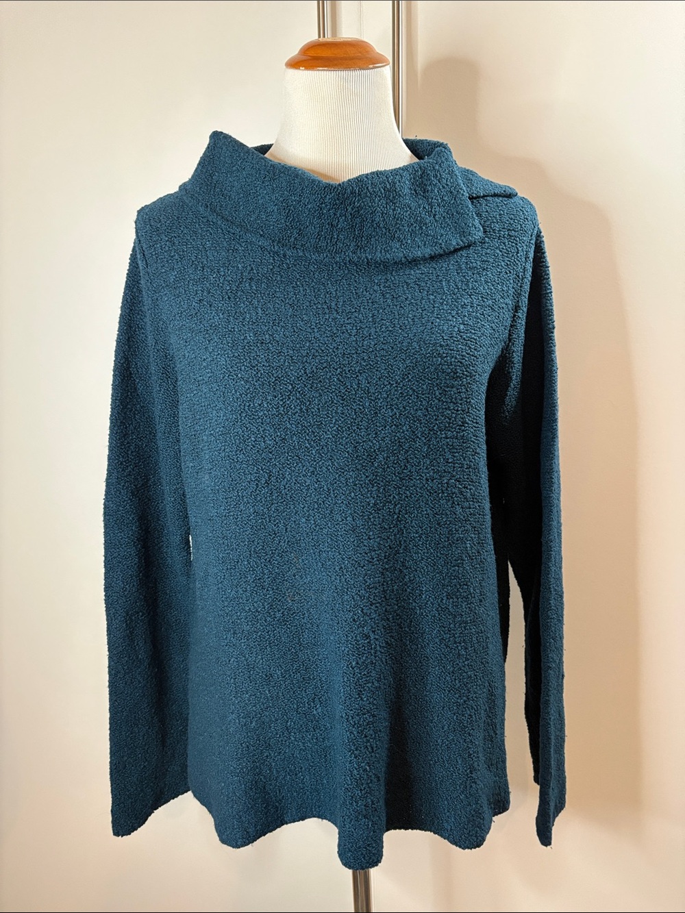 Vintage Eileen Fisher Deep Teal Merino Wool Bouclé Funnel Collar Sweater